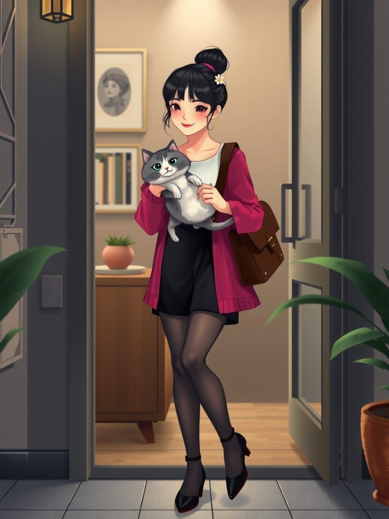 Whimsical Studio Ghibli-Inspired Evening Scene of a Young As...