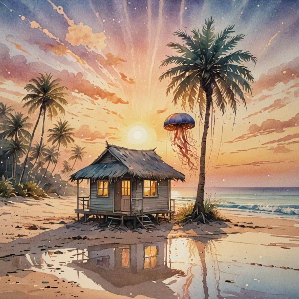 Ethereal Beach Hut with Flying Jellyfish, Watercolour