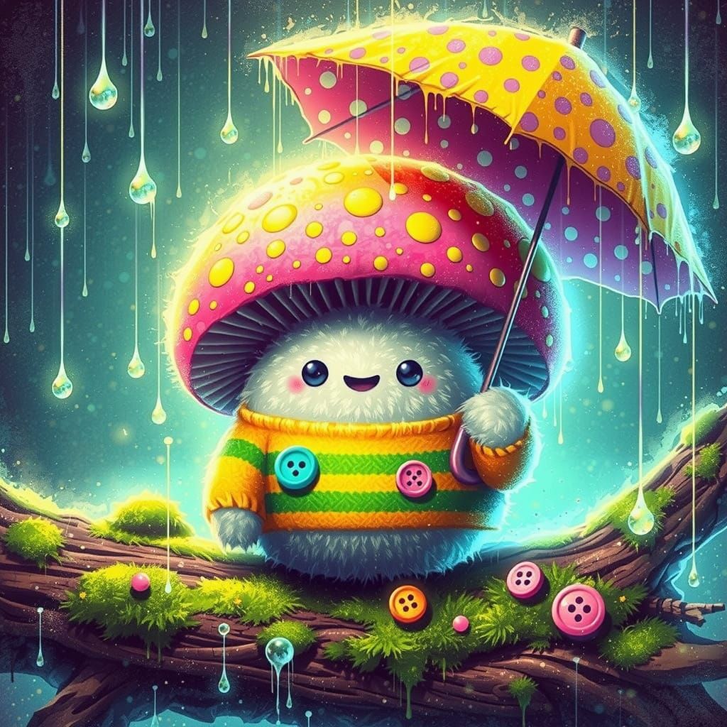 Whimsical Mushroom Spirit in Acid Rain