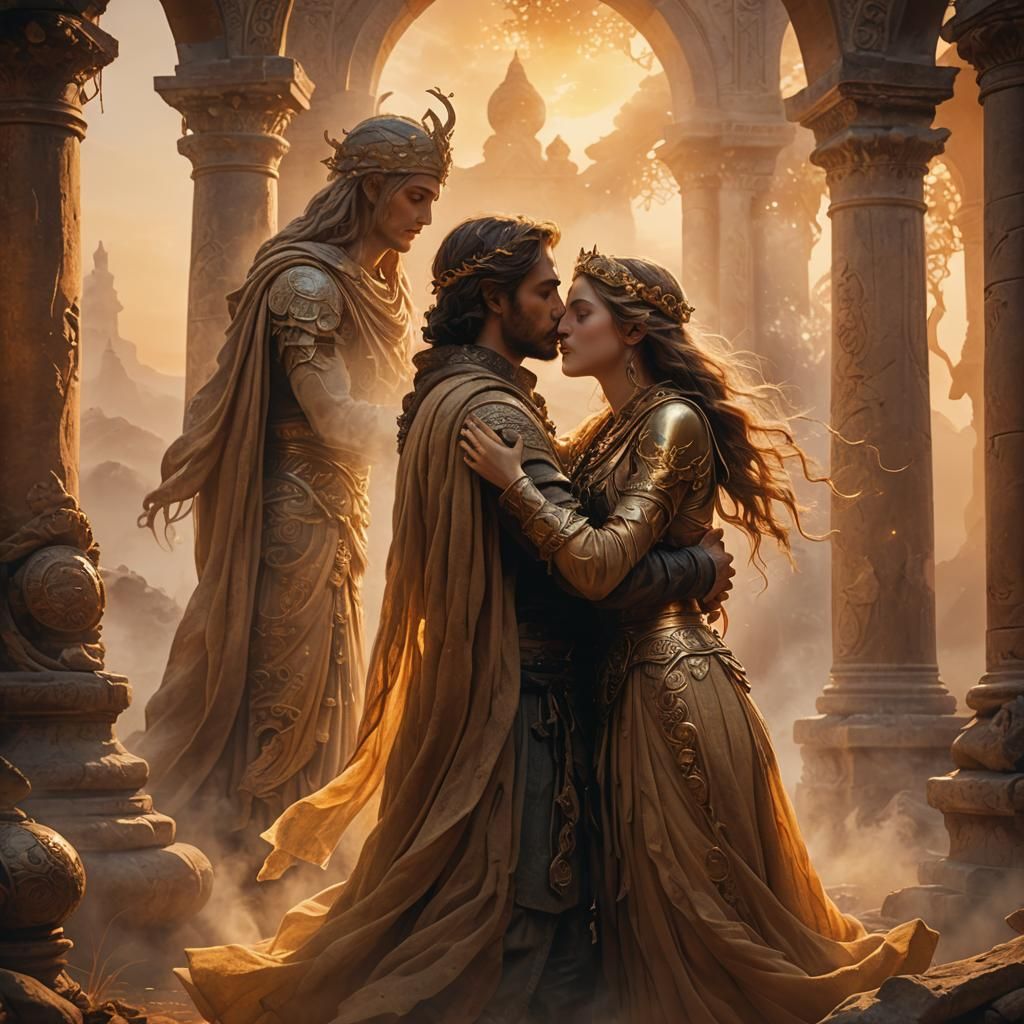 Romantic Fantasy Embrace in Golden Light