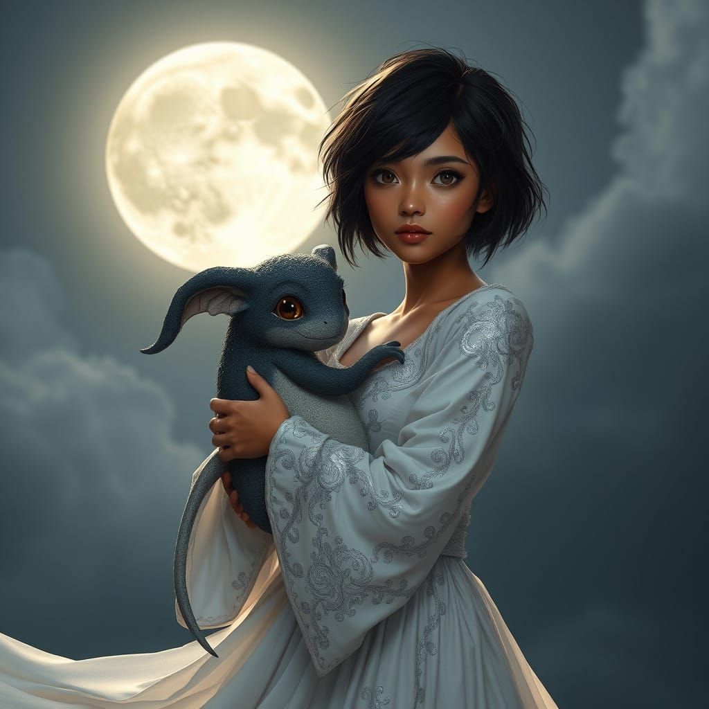 Moonlit Fantasy: Caramel-Skinned Goddess with Grogu