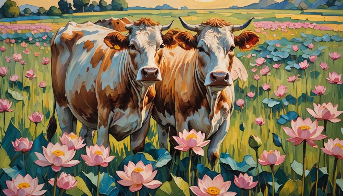 Cow in Lotus Field: Neo-Impressionist Oil Painting