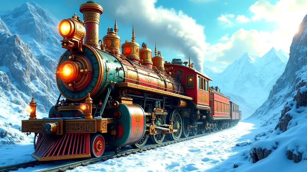 Steampunk Aztec Locomotive in Winter Mountains