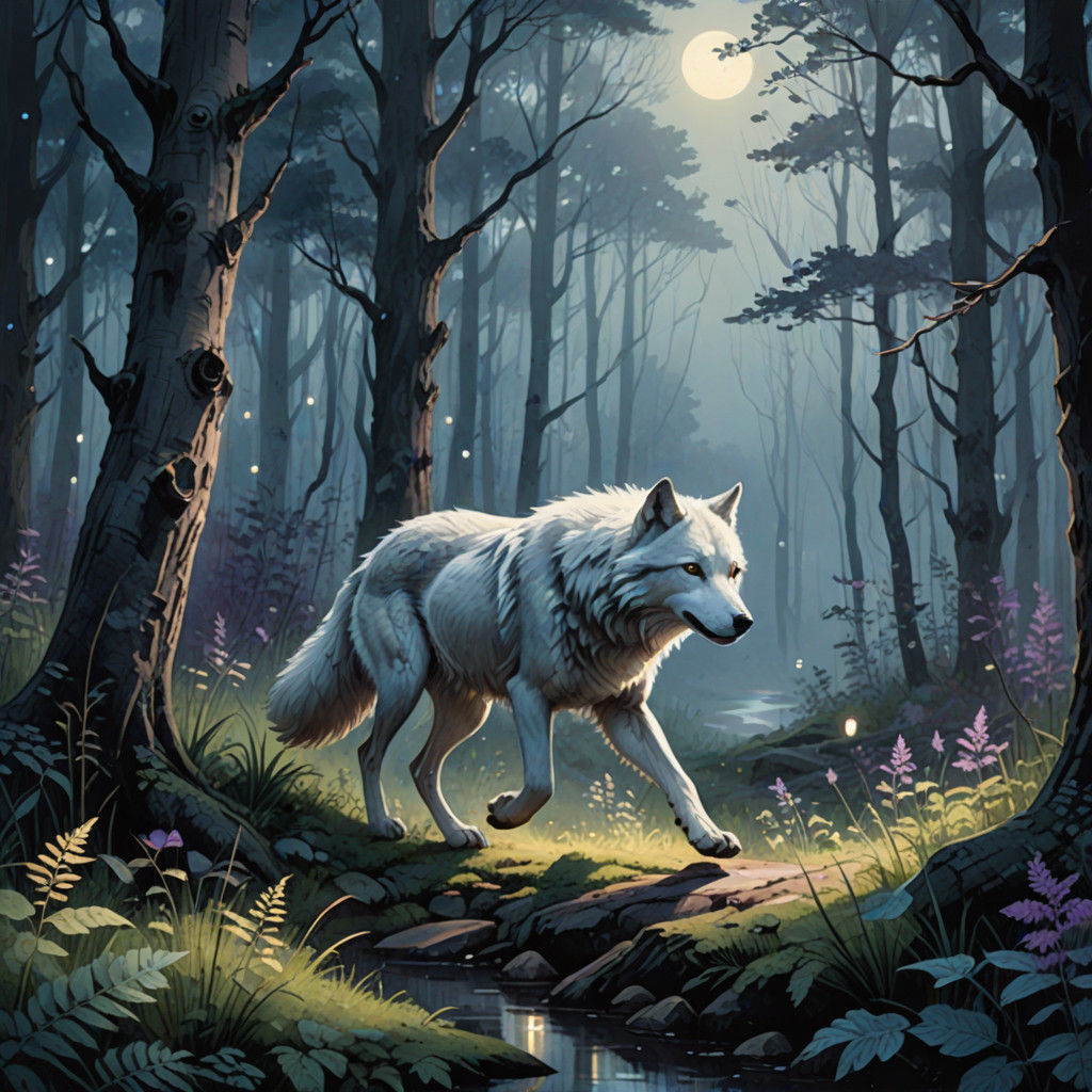 Moonlit Wolf in a Whimsical Forest