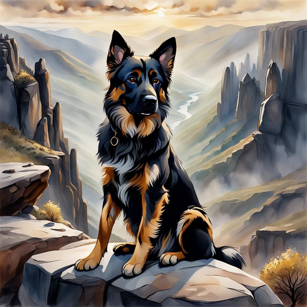 Watercolor Oil Painting of German Shepherd Mix