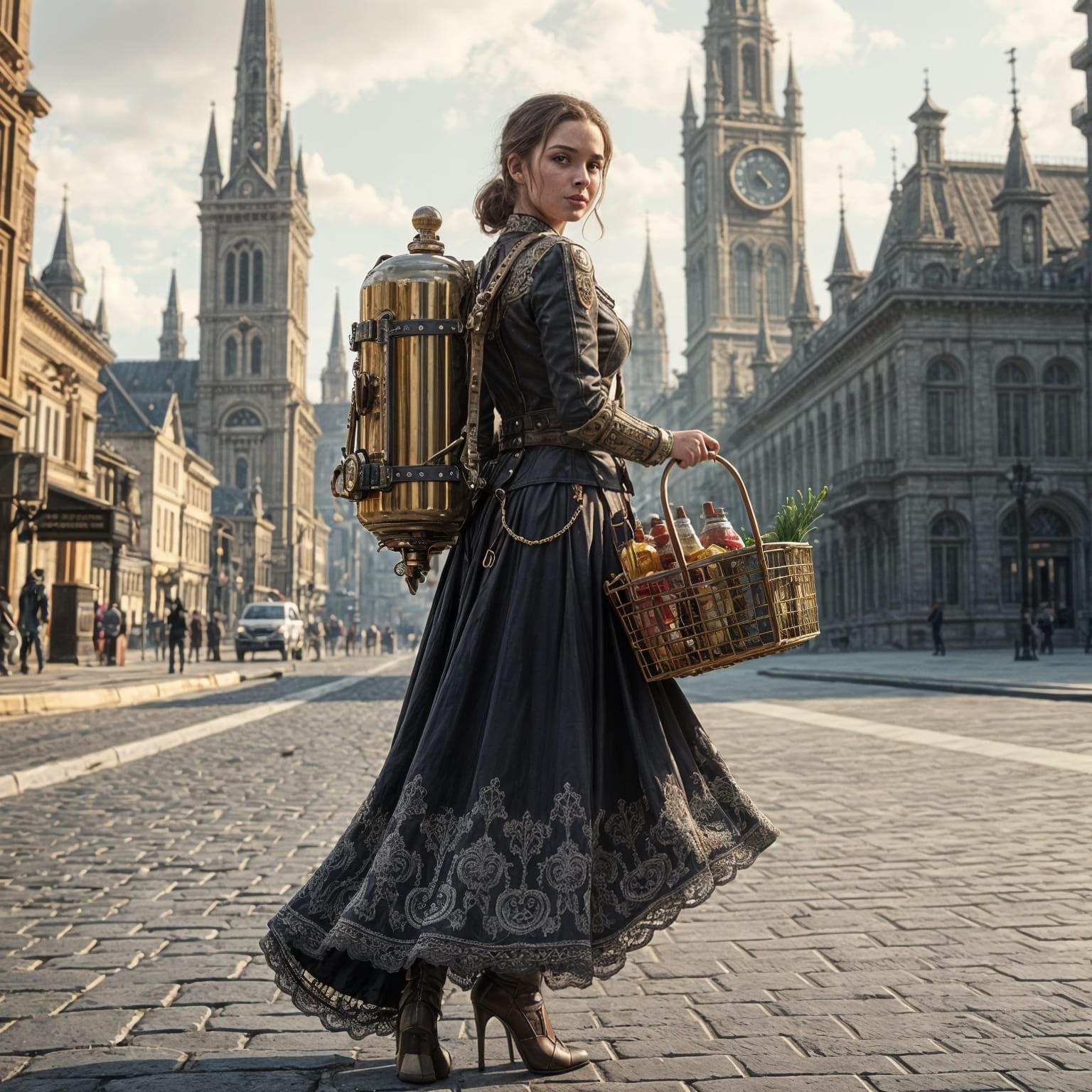 Steampunk Tradwife Takes Flight with Brass Jetpack Grocery R...