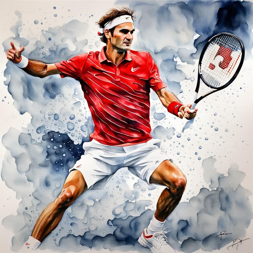 Realistic Watercolor Painting of Roger Federer