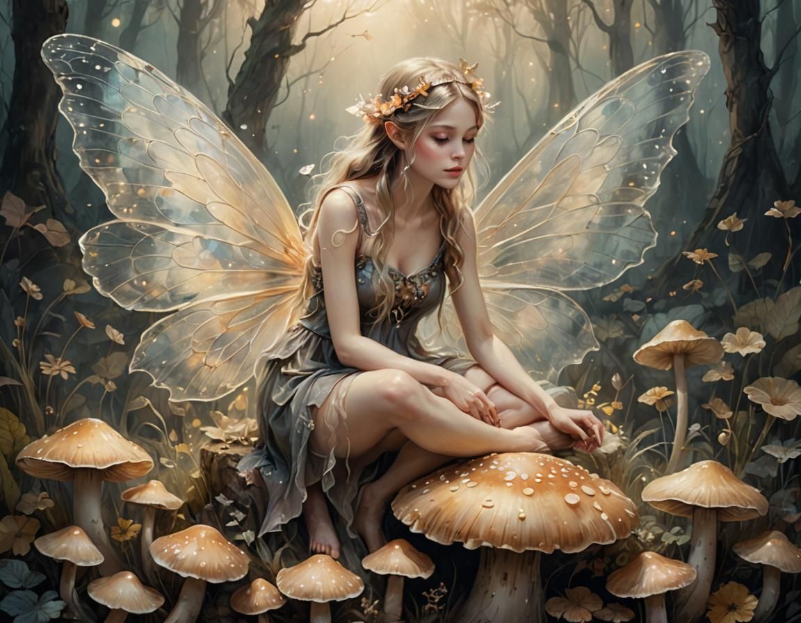 Fairy on Mushroom: Impressionist Fantasy Illustration