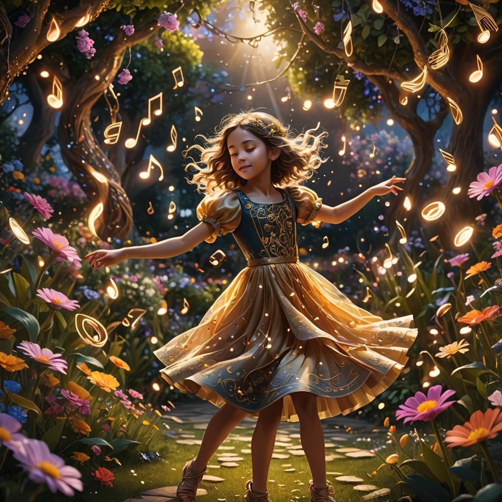 Childlike Girl Dancing in Whimsical Fantasy Garden