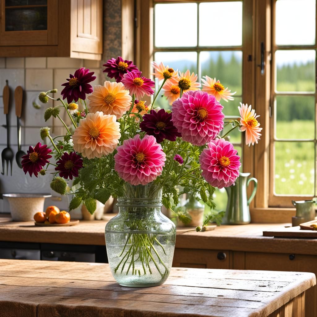 A vase with dahlias cosmos and zinnias in a country cottage