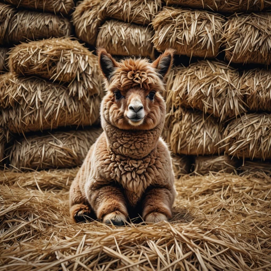 Adorable Alpaca in Haystack: Detailed Matte Painting