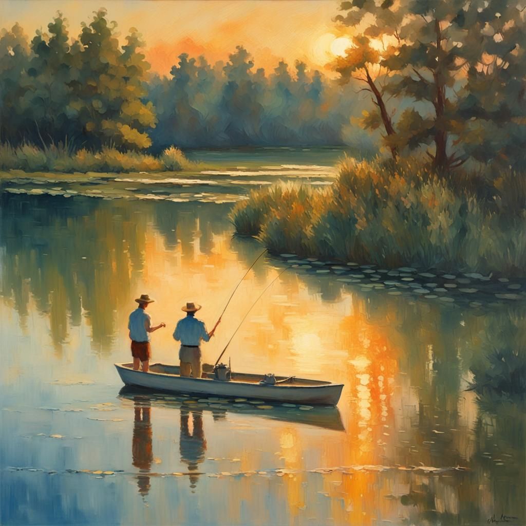 Idyllic Fishing Scene in Impressionistic Style