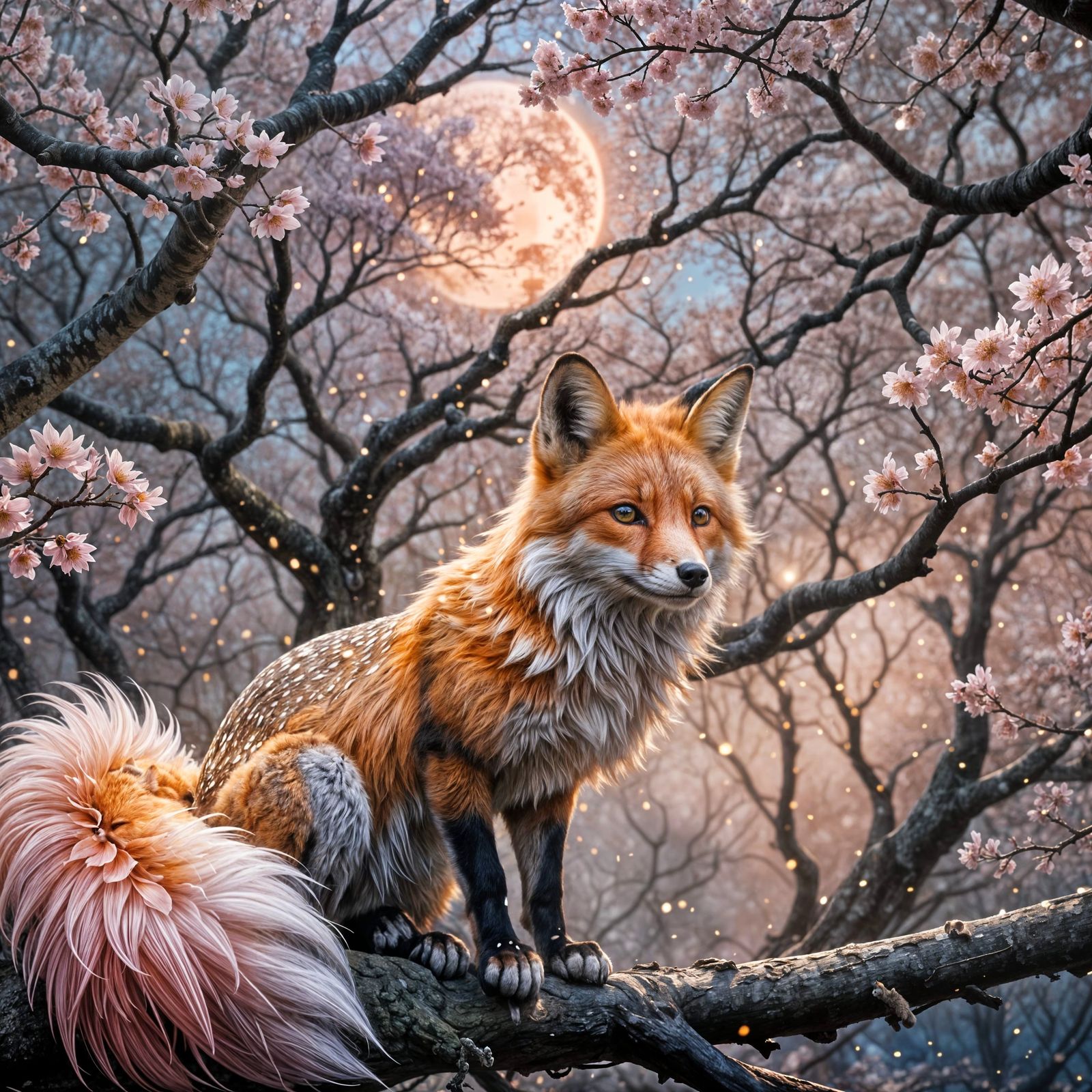 Celestial Fox in Sakura Forest, Digital Painting