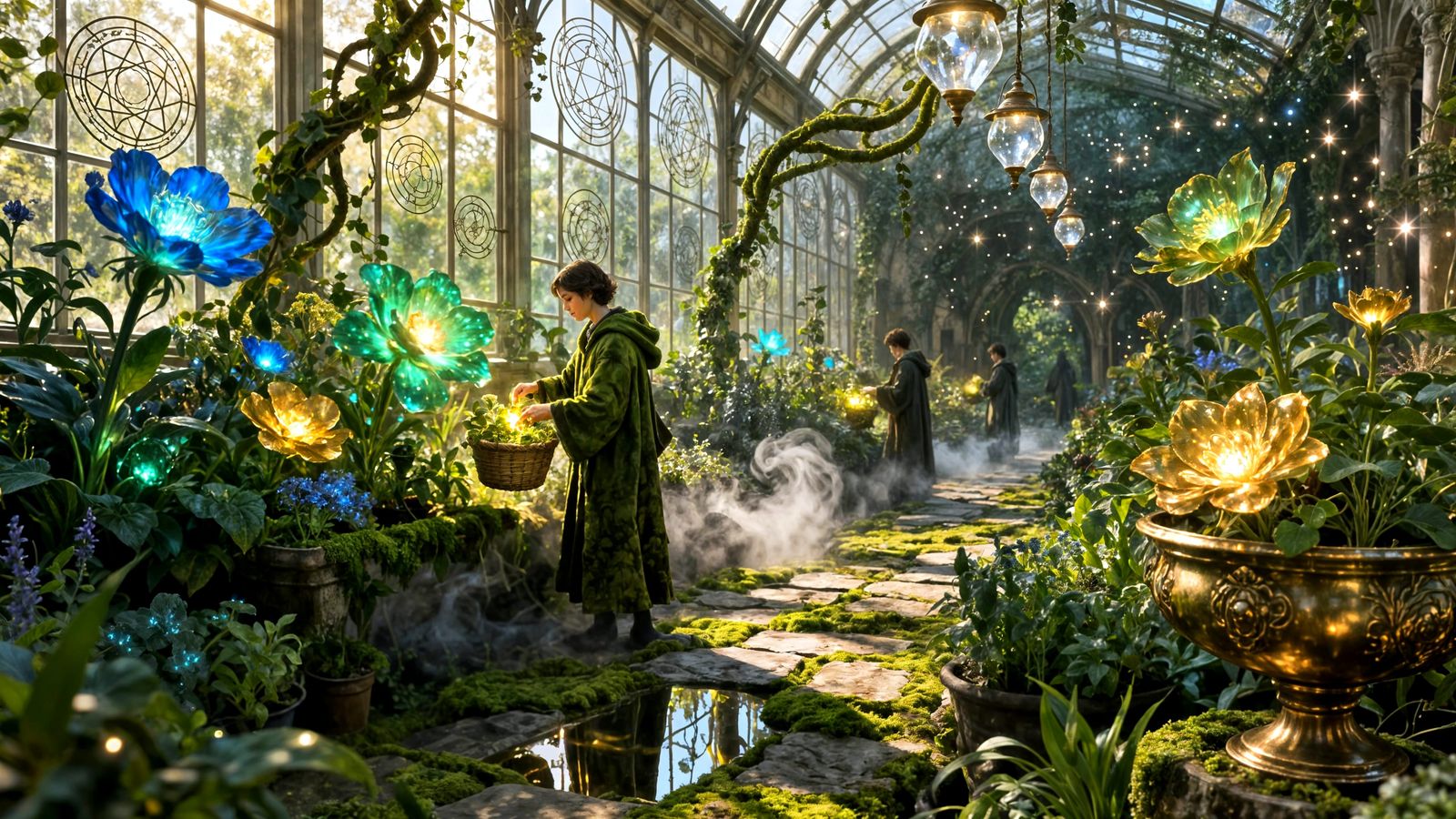 Enchanted Herbology Greenhouse with Glowing Plants