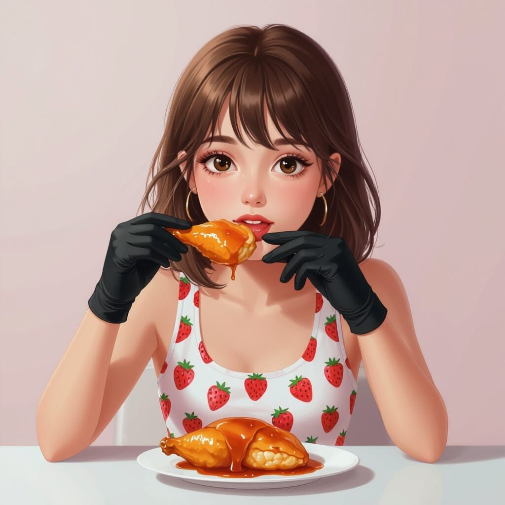 Hyper-realistic Girl Eats Saucy Chicken