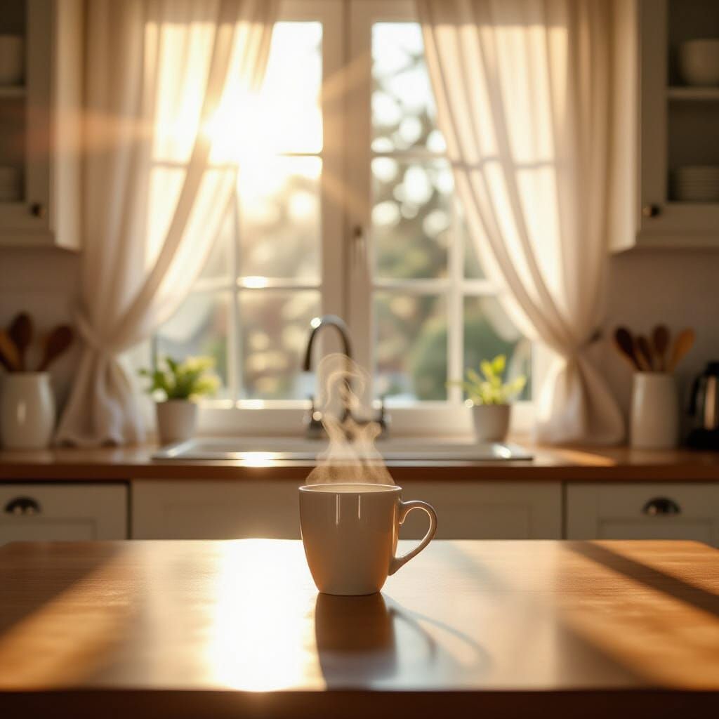 Serene Morning Kitchen with Steam Rising from Mug