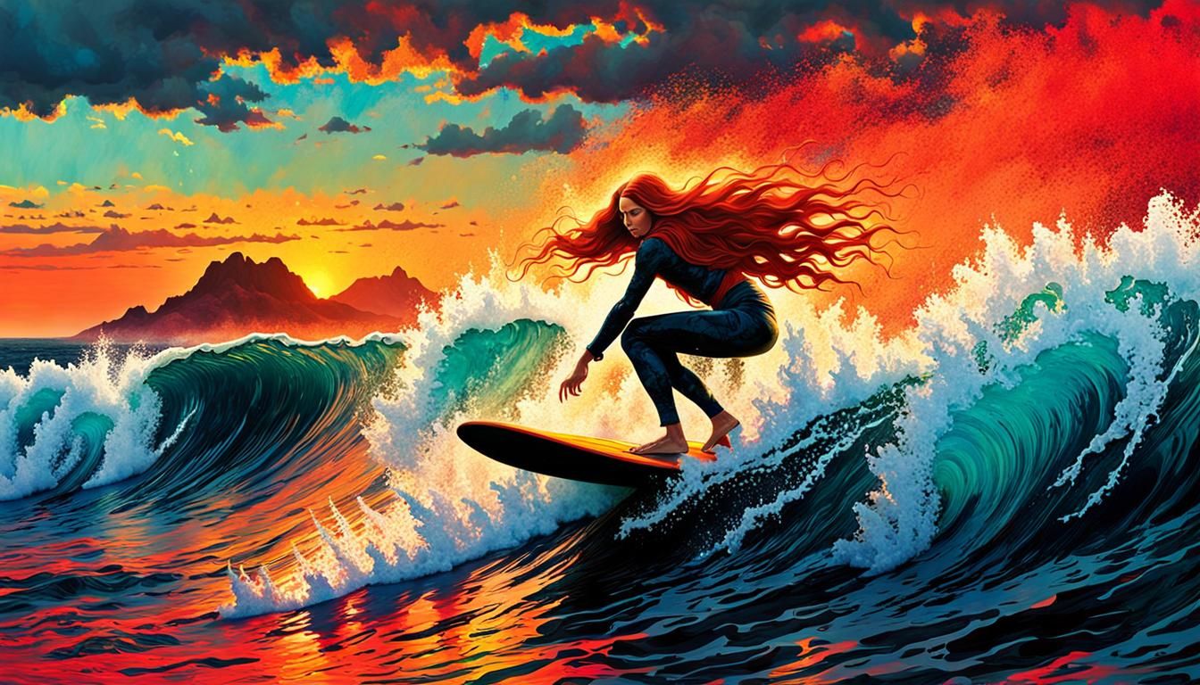 Surreal Red-Haired Hippie Surfer on Lava Flow