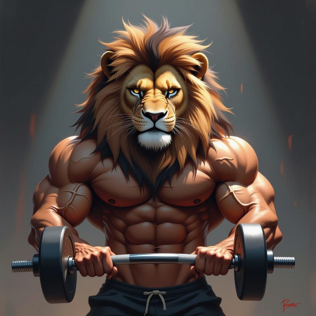 Majestic Lion with Biceps Lifts Weights on Dark Background