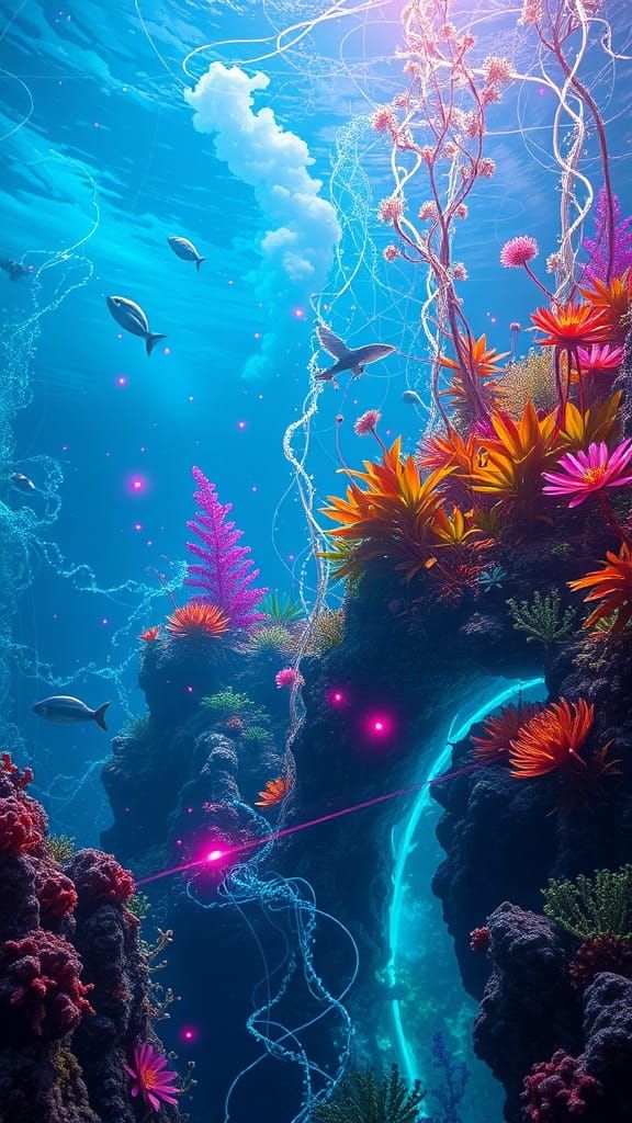 Underwater Quantum Garden: Art Nouveau Cyberpunk Fusion
