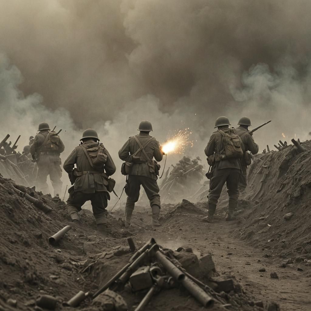 WWII US Soldiers in Trench Under Artillery Fire