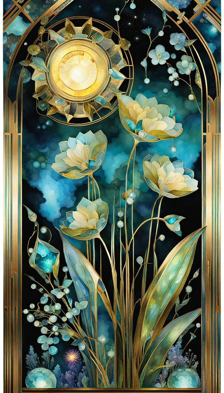 Bioluminescent Flower Arrangement in Art Deco Style