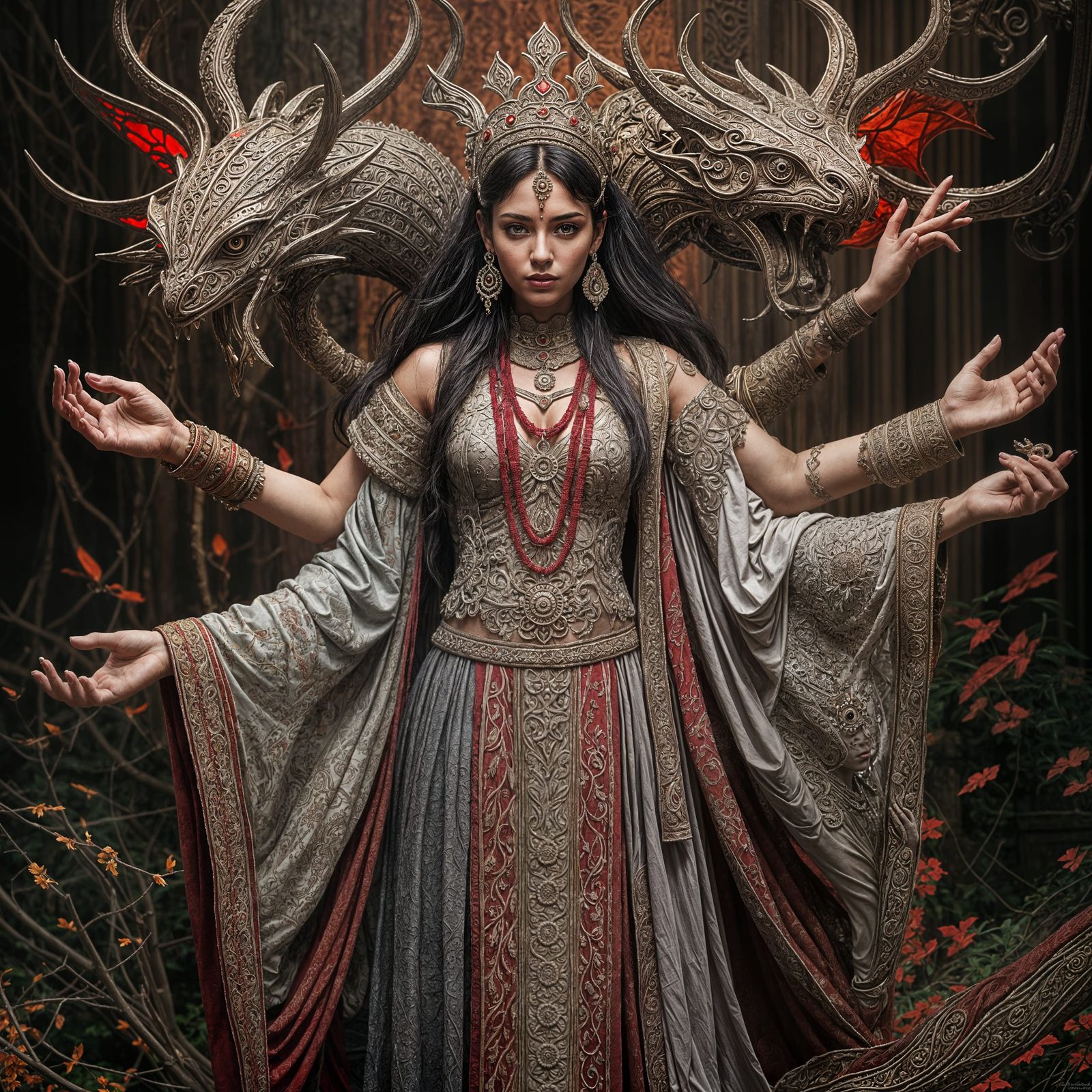 Hyperrealistic Woman with Four Arms in Ancient Setting