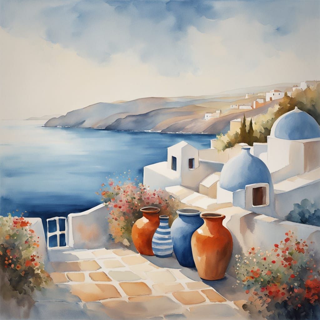 Whimsical Greek Village Watercolour by the Sea