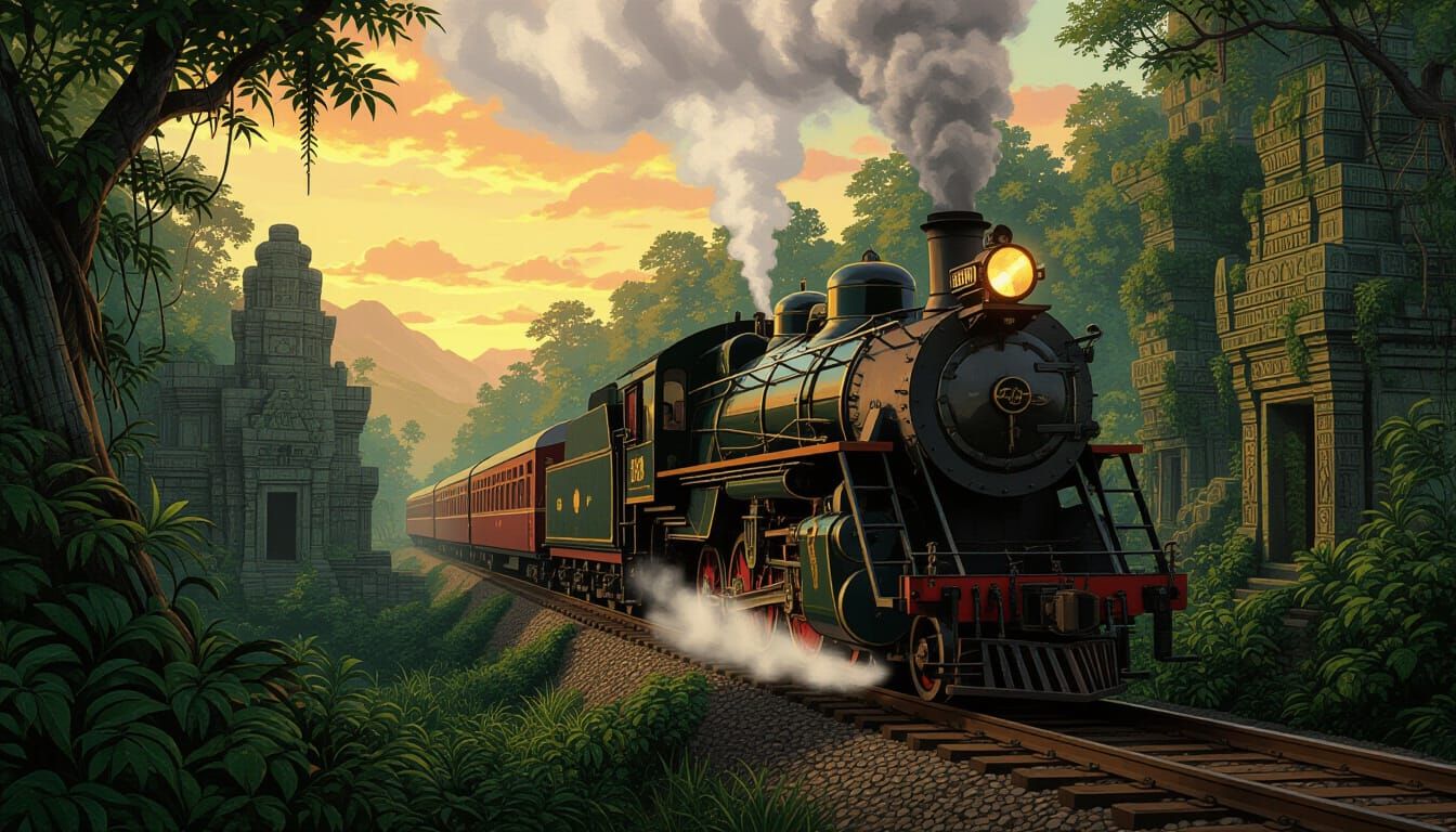 Jungle Train to Lost Ruins in Vintage Poster Style