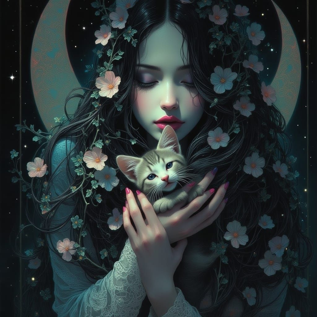 Ethereal Goddess Enfolds Whimsical Kitten