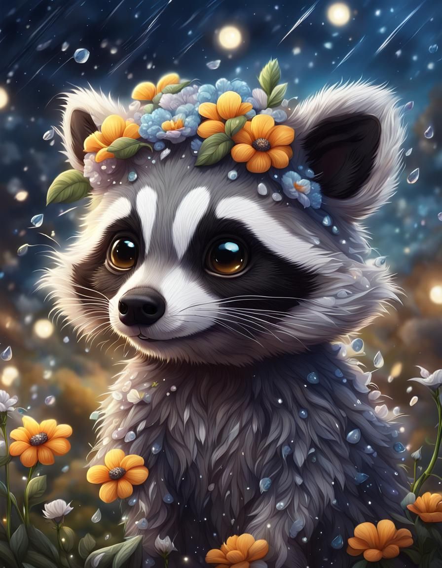 Fantasy Baby Raccoon in Flower Rain