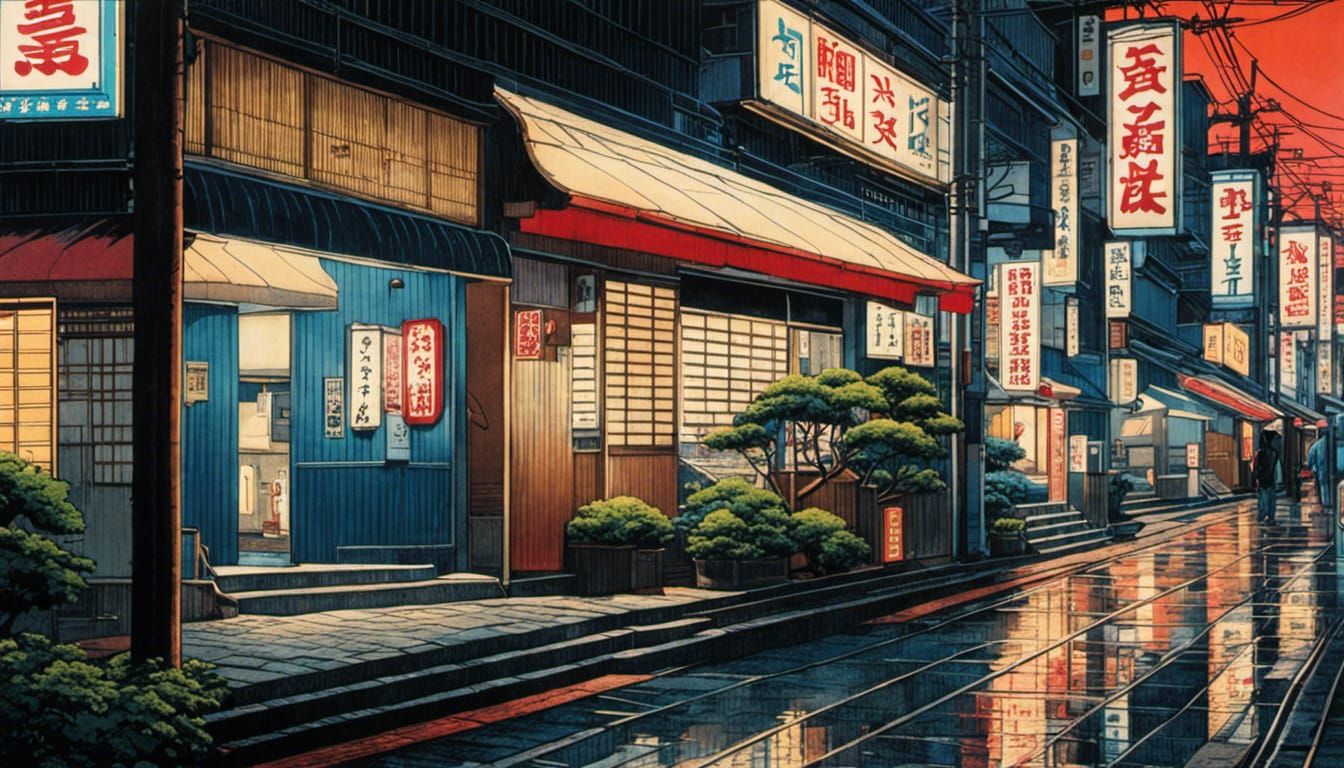 Nighttime Japanese Street Scene in Shin-hanga Style
