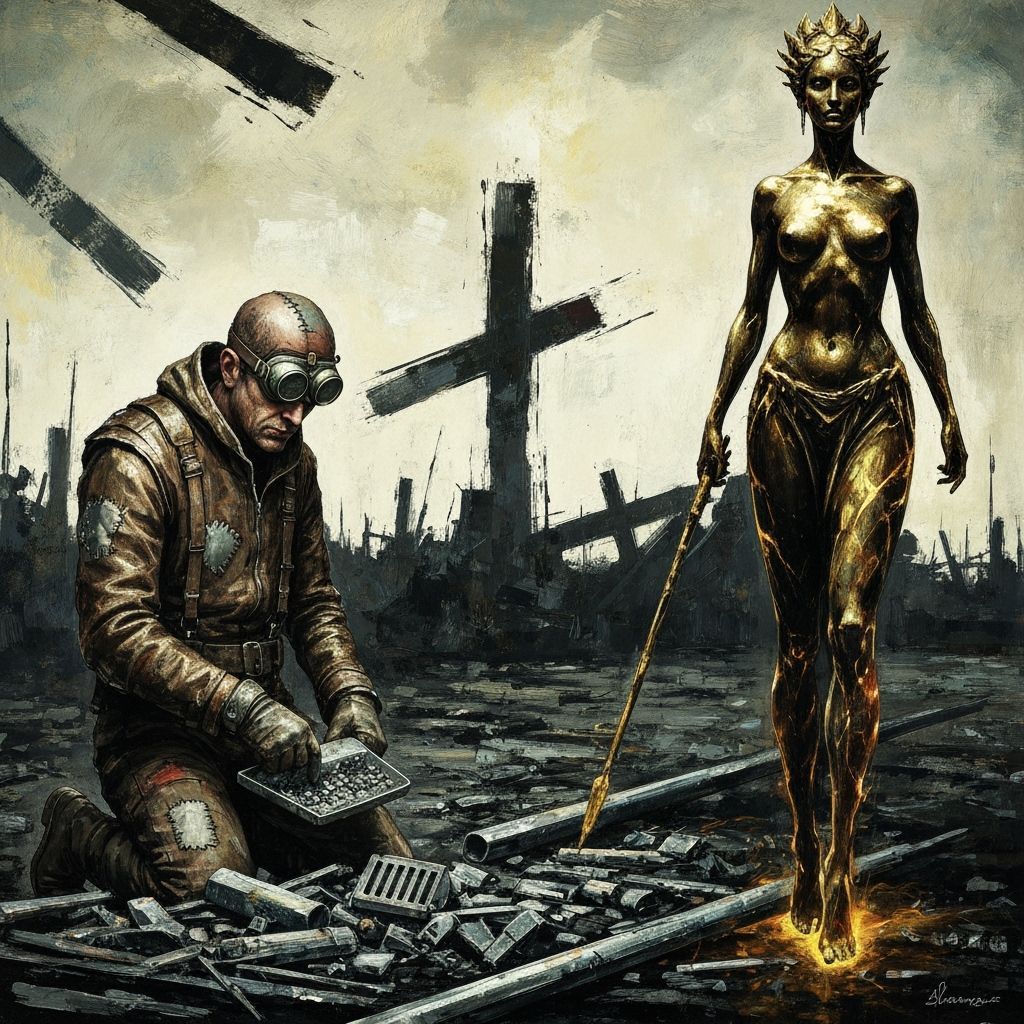 Goddess Oversees Scavenger in Abstract Battlefield