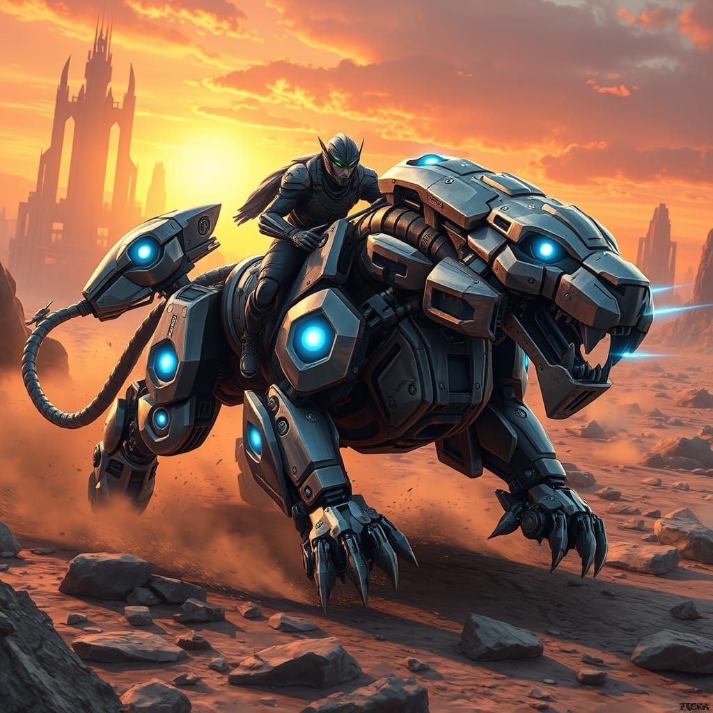 Futuristic Warrior on Mechanical Lion in Post-Apocalyptic La...