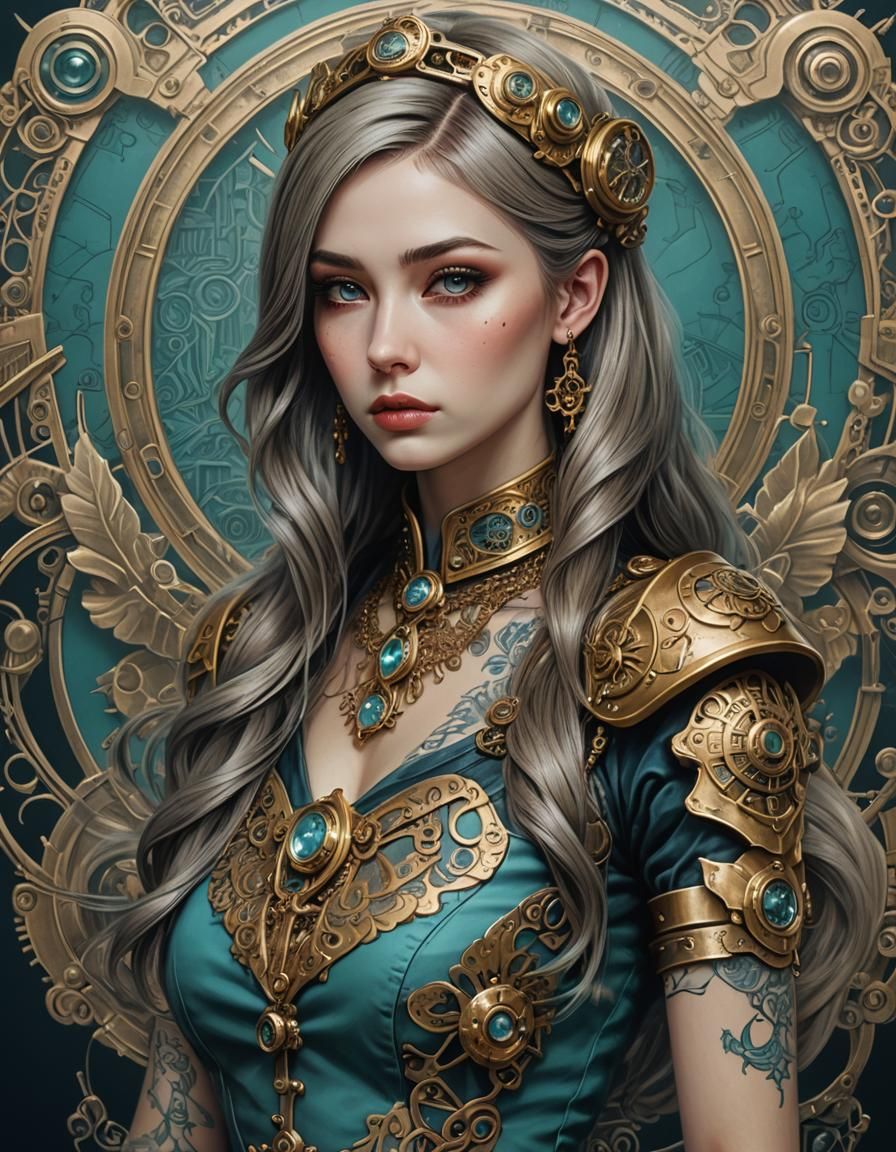 Dieselpunk Woman with Gold and Cyan Details