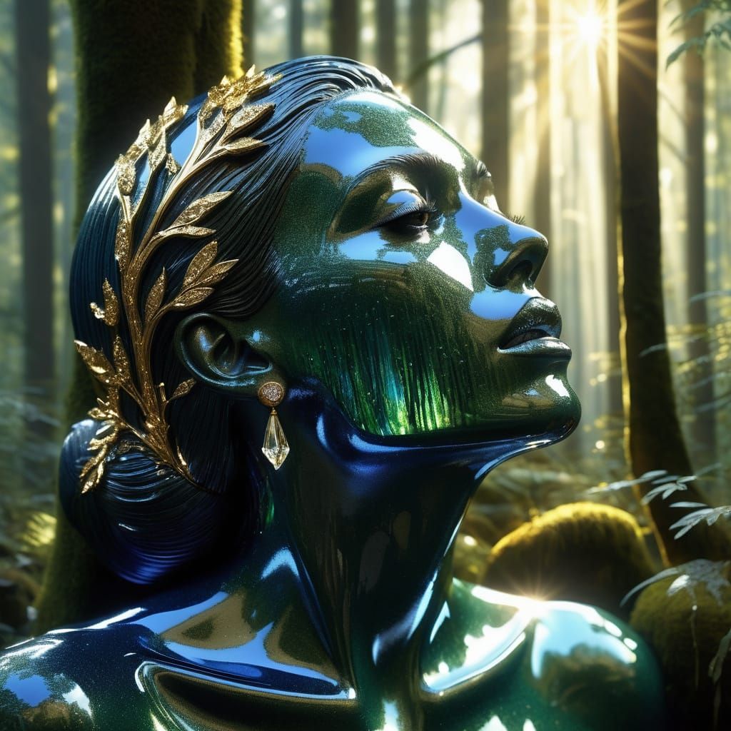 Crystal Woman Weeps Gold Tears in Sunlit Forest