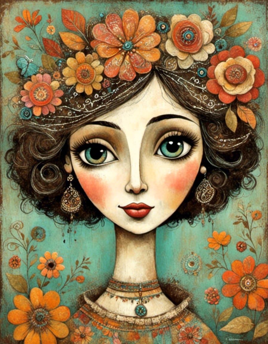 Whimsical 1950s Cartoon Lady Portrait in Folk Art Style