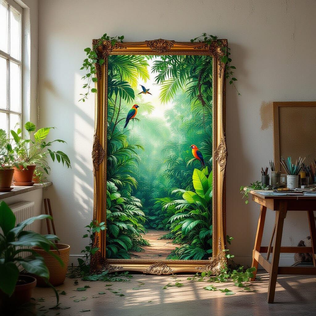 Mirror Reflects Jungle in Artist Studio