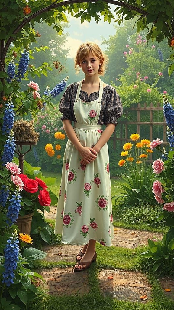 Kind Woman in Cottage Garden: Photorealistic Image