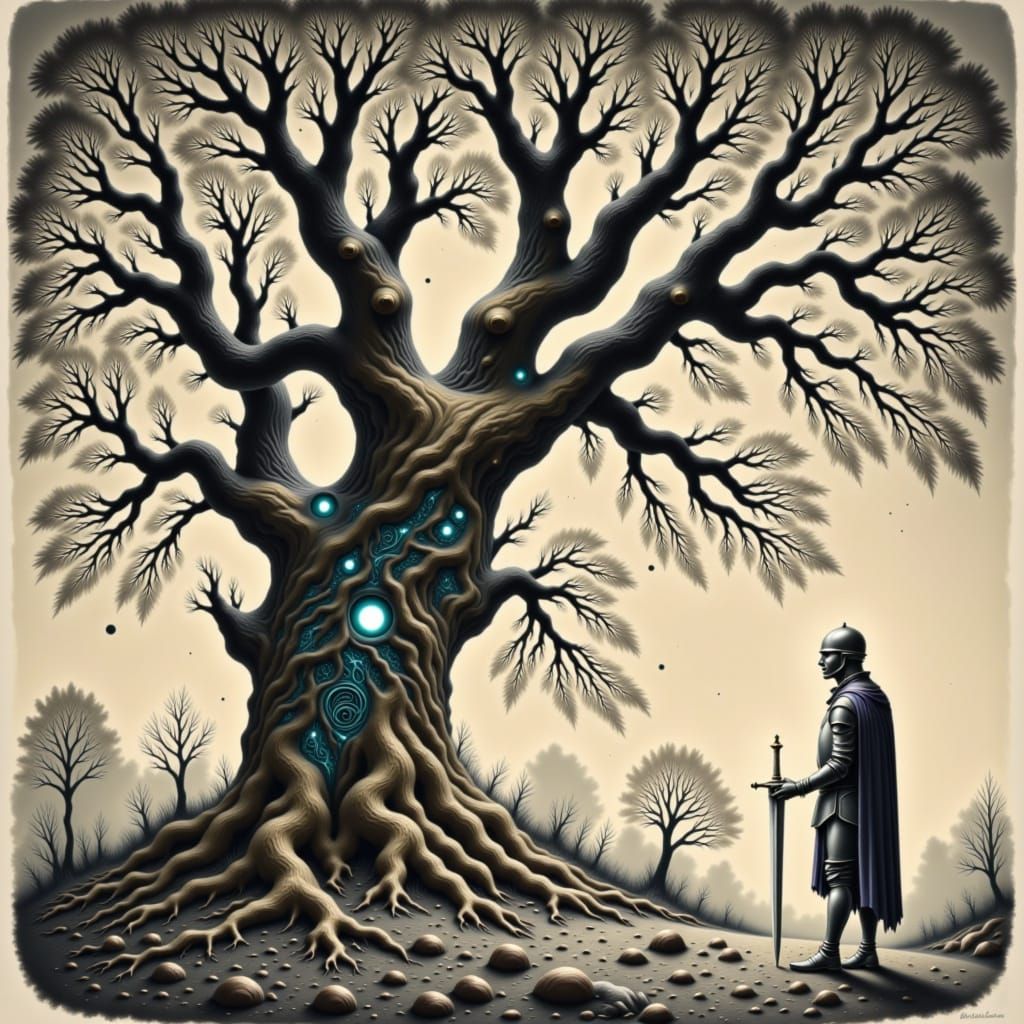 Enchanted Knight Before Ancient Oak in Moonlit Forest