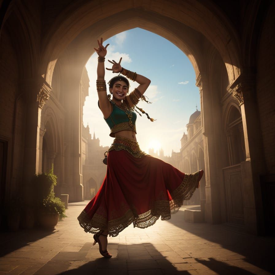 Joyful Gypsy Girl Dancing in Sunlit Archway