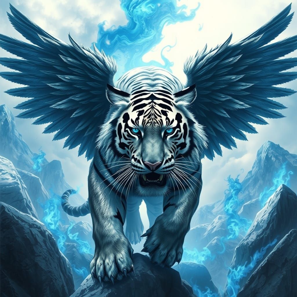 Majestic Winged Tiger Exhaling Blue Flames