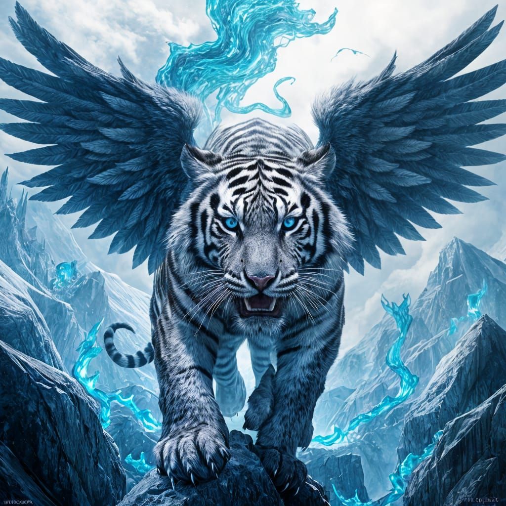 Majestic Winged Tiger Breathing Blue Fire