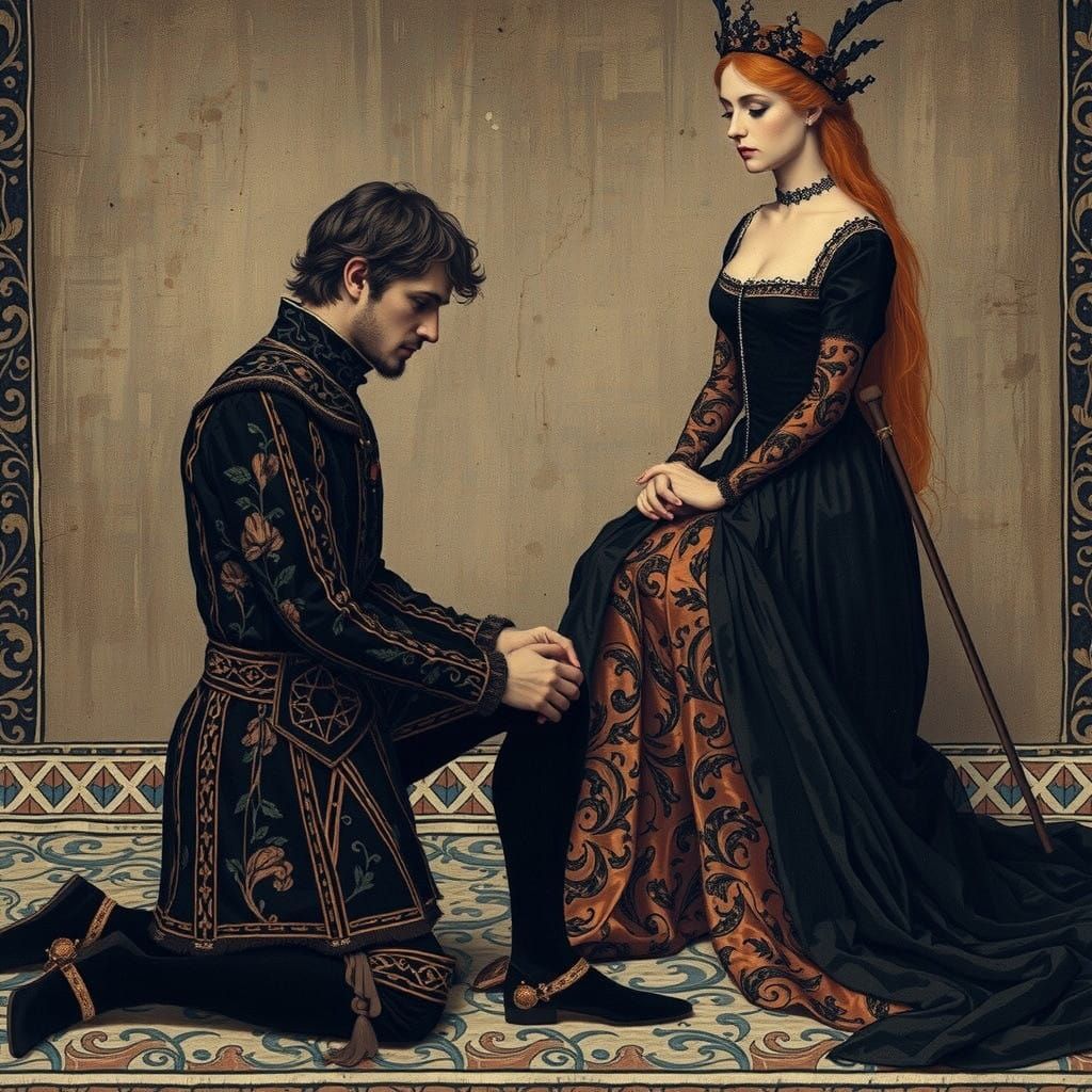 Ethereal Nobleman in Velvet Vestments Before a Raven-Haired...