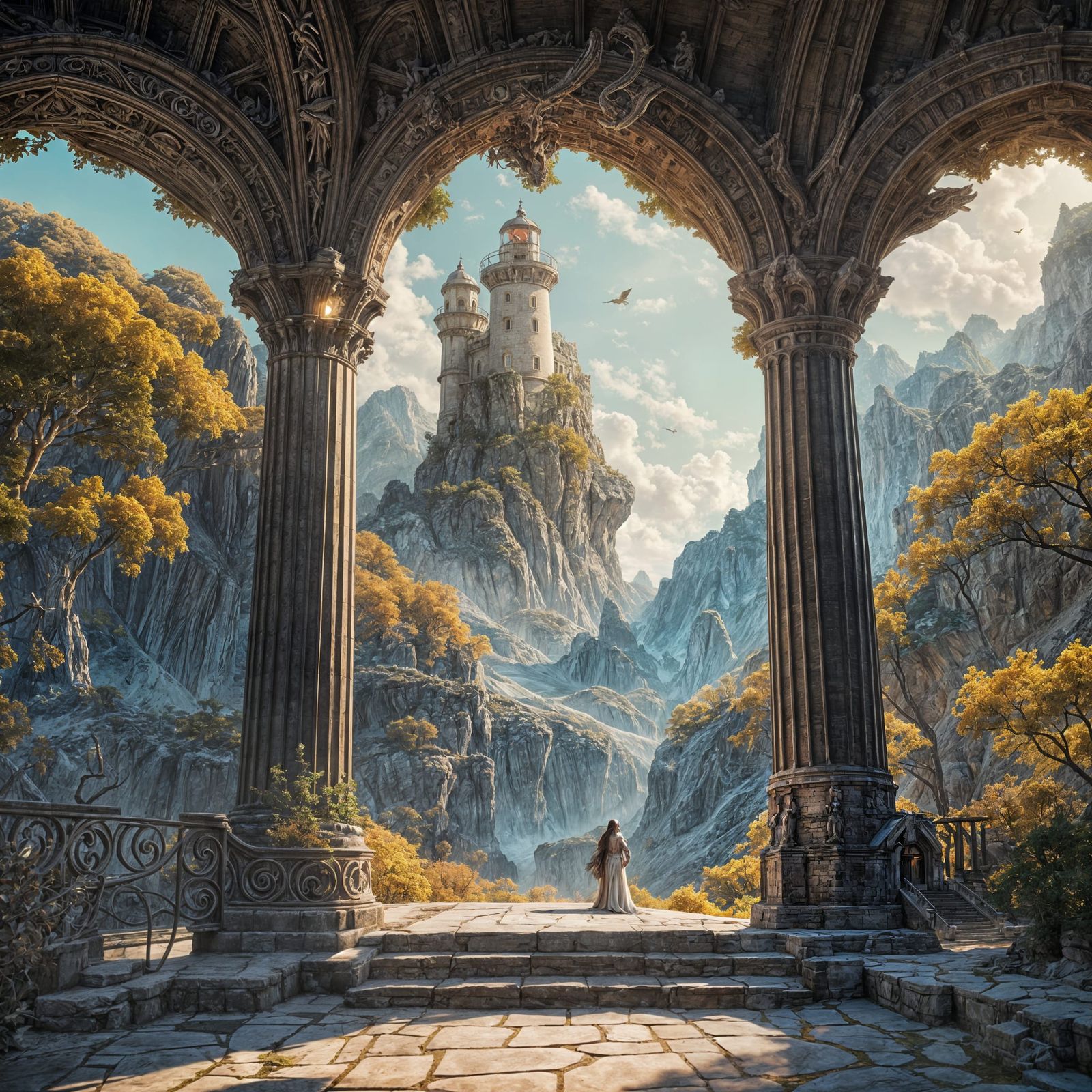 Crystal Dragon Perched on Lighthouse in Art Nouveau Style