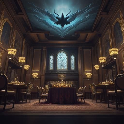 Cat Eats Steak in Ornate Hall: Fantasy Art