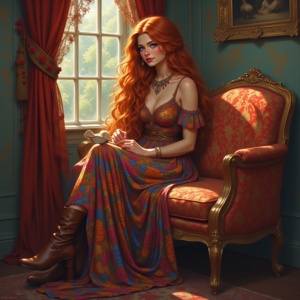 Woman Knitting in Boho Dress, Painterly Style