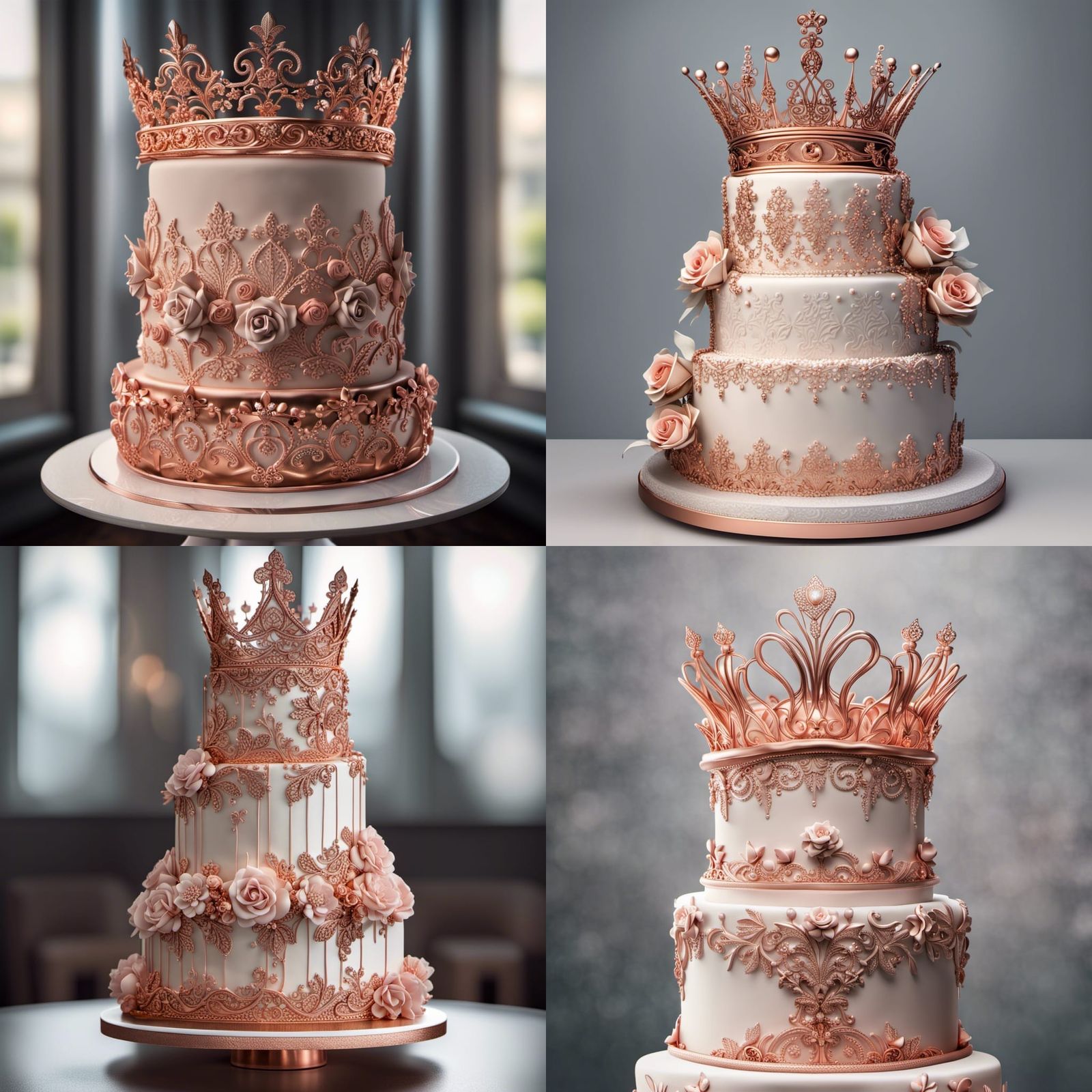 Intricate Princess Cake with Rose Gold Flowers