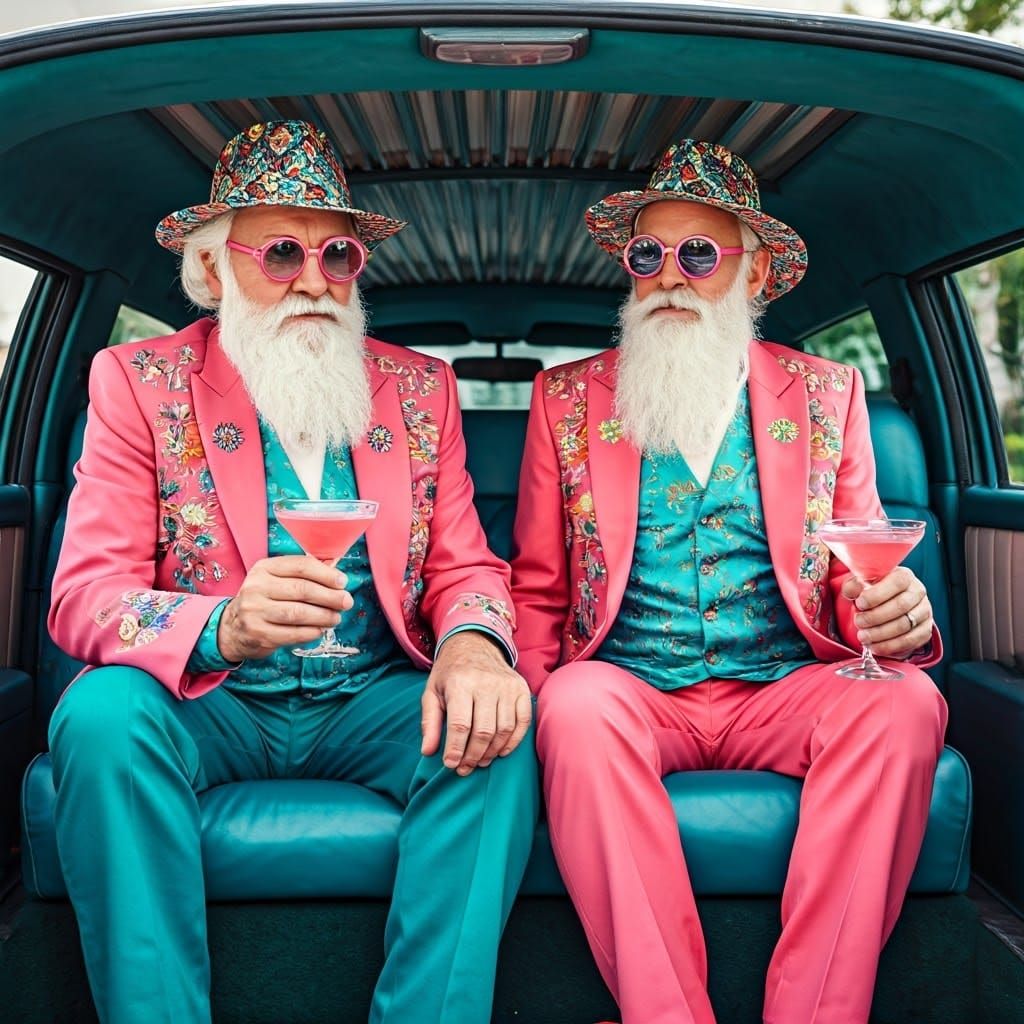 Vintage Fashion: Elderly Men in Pink and Teal Suits