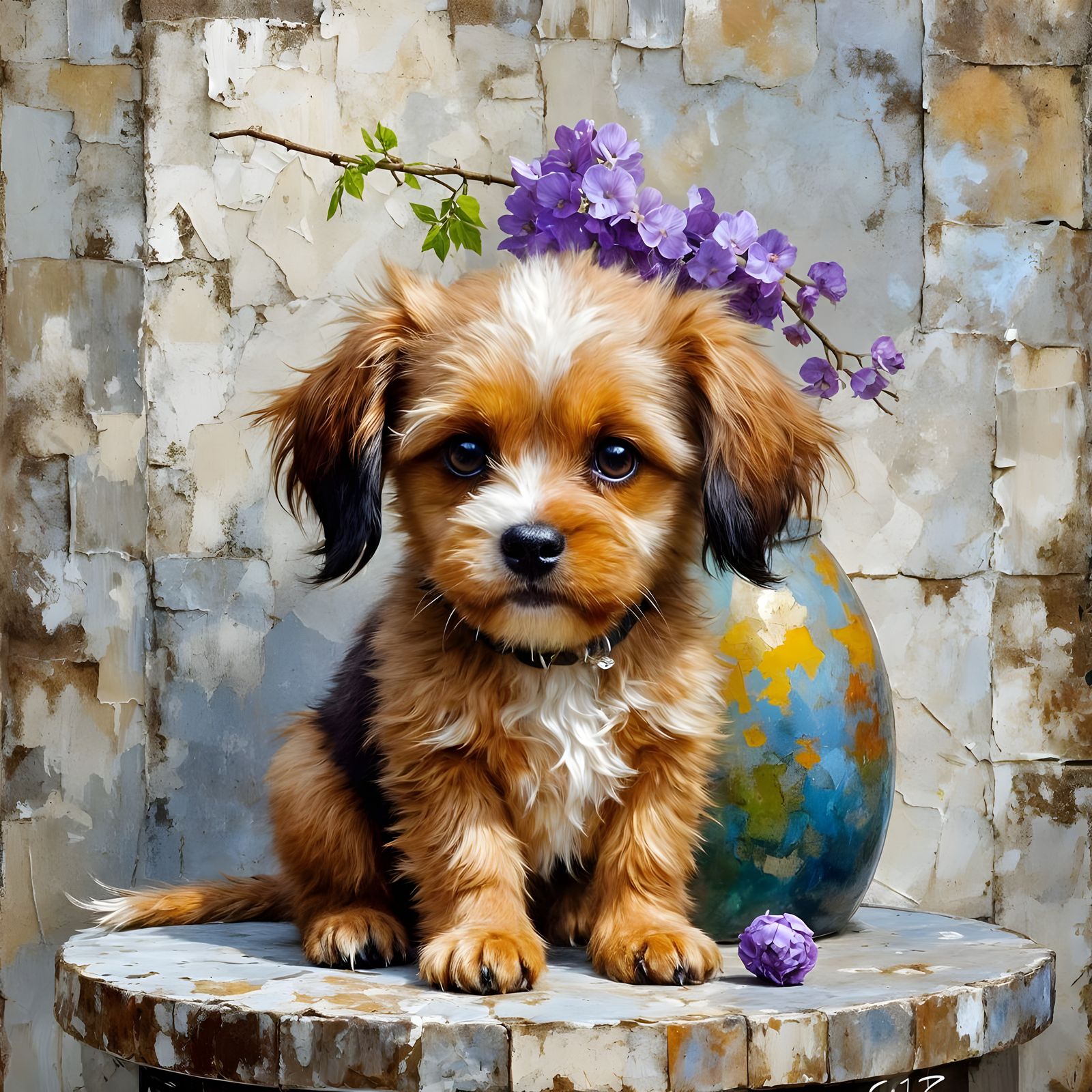 Elegant Brown Dog in Wisteria, Impressionist Style