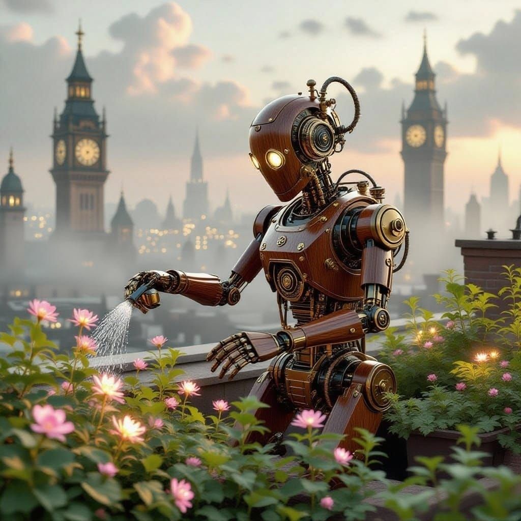Steampunk Automaton Tends Glowing Garden in Cityscape